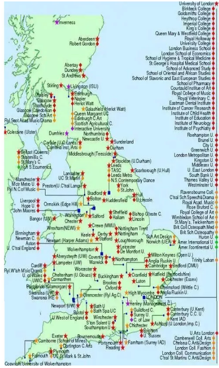 一张图看透英国留学各大学位置分布