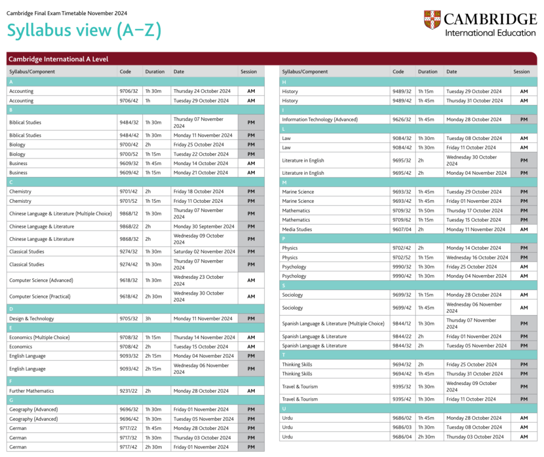 CAIE考局alevel秋季考试时间